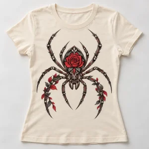 Front flat lay of natural Rose Abdomen Spider floral spider shirt for women