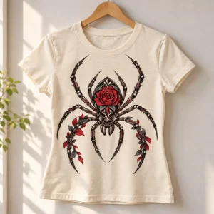 Natural Rose Abdomen Spider women's tee on a wooden hanger