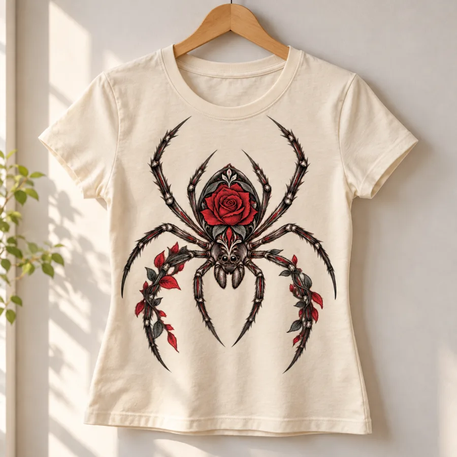 Natural Rose Abdomen Spider women's tee on a wooden hanger