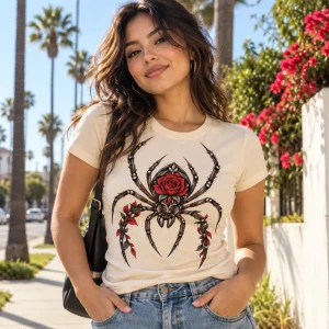 Woman in Rose Abdomen Spider shirt arranging flowers in a sunlit greenhouse