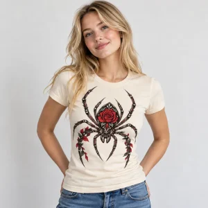 Woman wearing natural Rose Abdomen Spider fitted tee tucked into black jeans