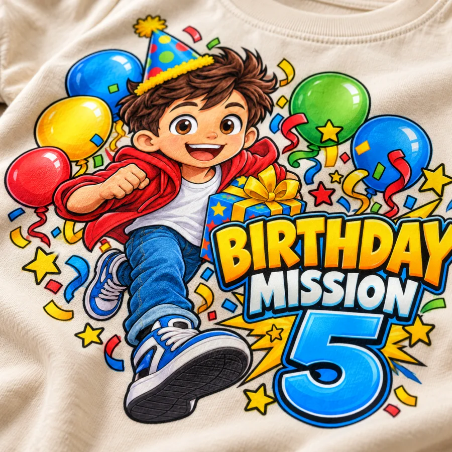 Close-up of Sibling Web Crew print showing cotton texture, high-fiving spiders and colorful birthday lettering