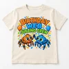 Front flat lay of Natural Kids Sibling Web Crew spider birthday sibling shirt with colorful high-fiving spiders