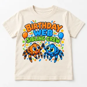 Front flat lay of Natural Kids Sibling Web Crew spider birthday sibling shirt with colorful high-fiving spiders