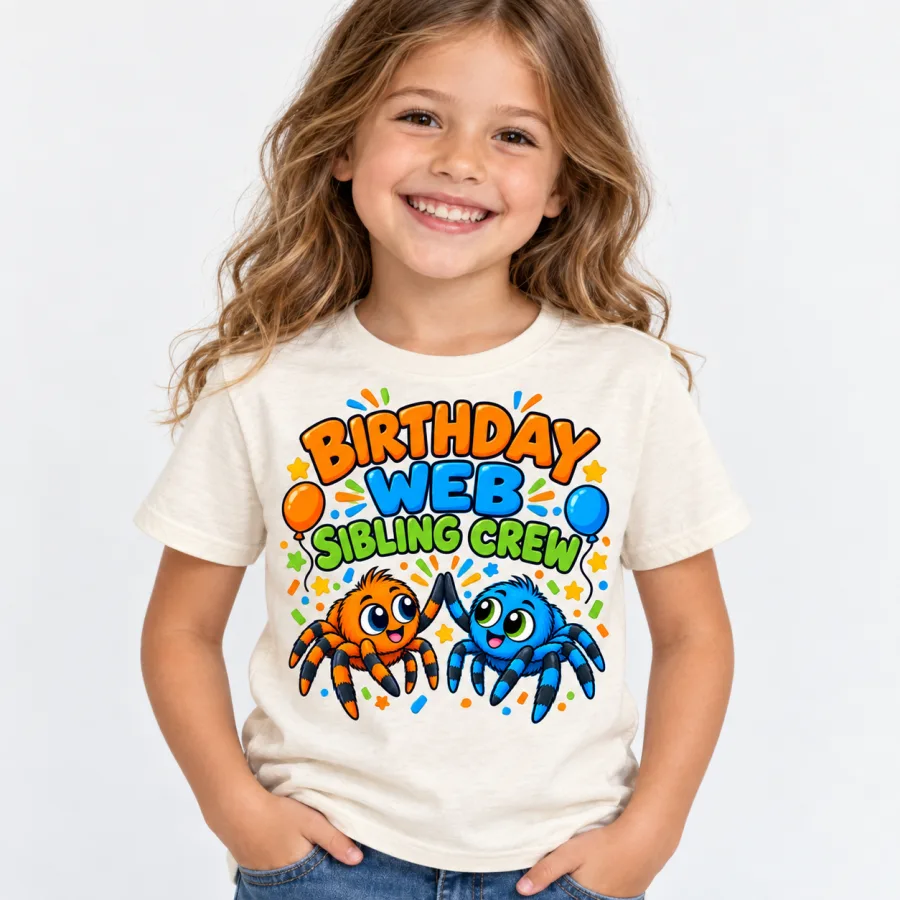 Child wearing Natural Sibling Web Crew spider birthday sibling shirt with orange blue and green birthday artwork