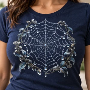 Close-up of Silver Dew Web dew droplets and botanical web print on navy cotton