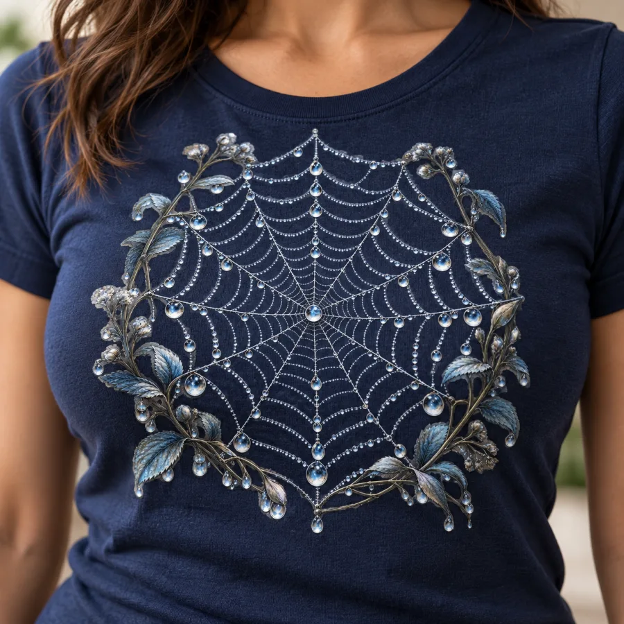Close-up of Silver Dew Web dew droplets and botanical web print on navy cotton