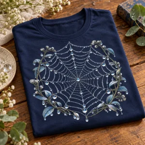 Folded Navy Silver Dew Web spider web graphic shirt with front print visible
