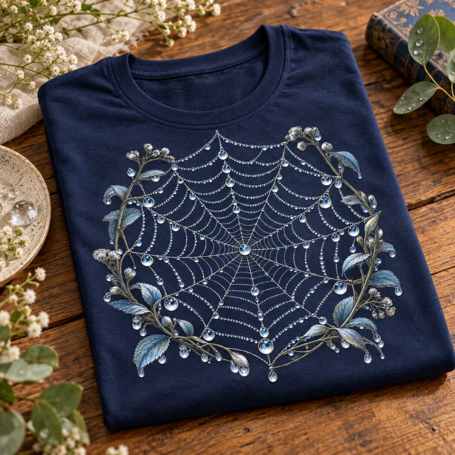 Folded Navy Silver Dew Web spider web graphic shirt with front print visible