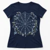 Front flat lay of Navy Women's fitted Silver Dew Web spider web graphic shirt