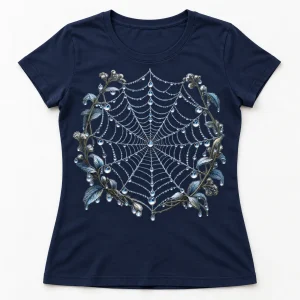 Front flat lay of Navy Women's fitted Silver Dew Web spider web graphic shirt
