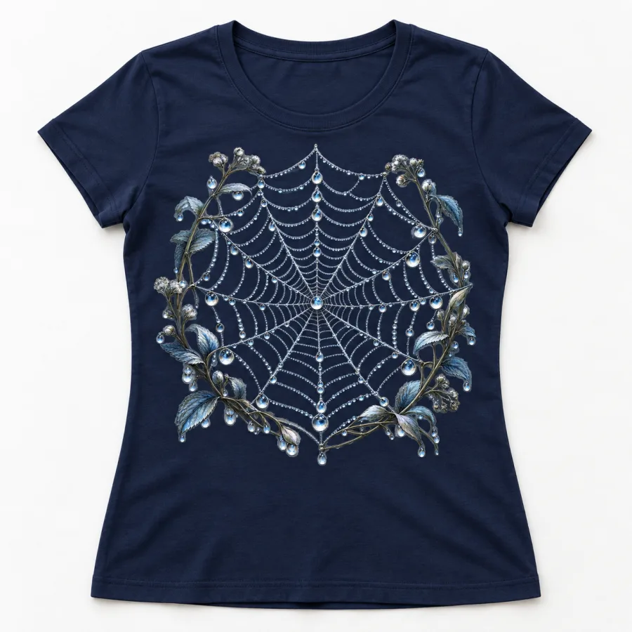 Front flat lay of Navy Women's fitted Silver Dew Web spider web graphic shirt