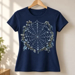 Navy Women's fitted Silver Dew Web spider web graphic shirt on wooden hanger