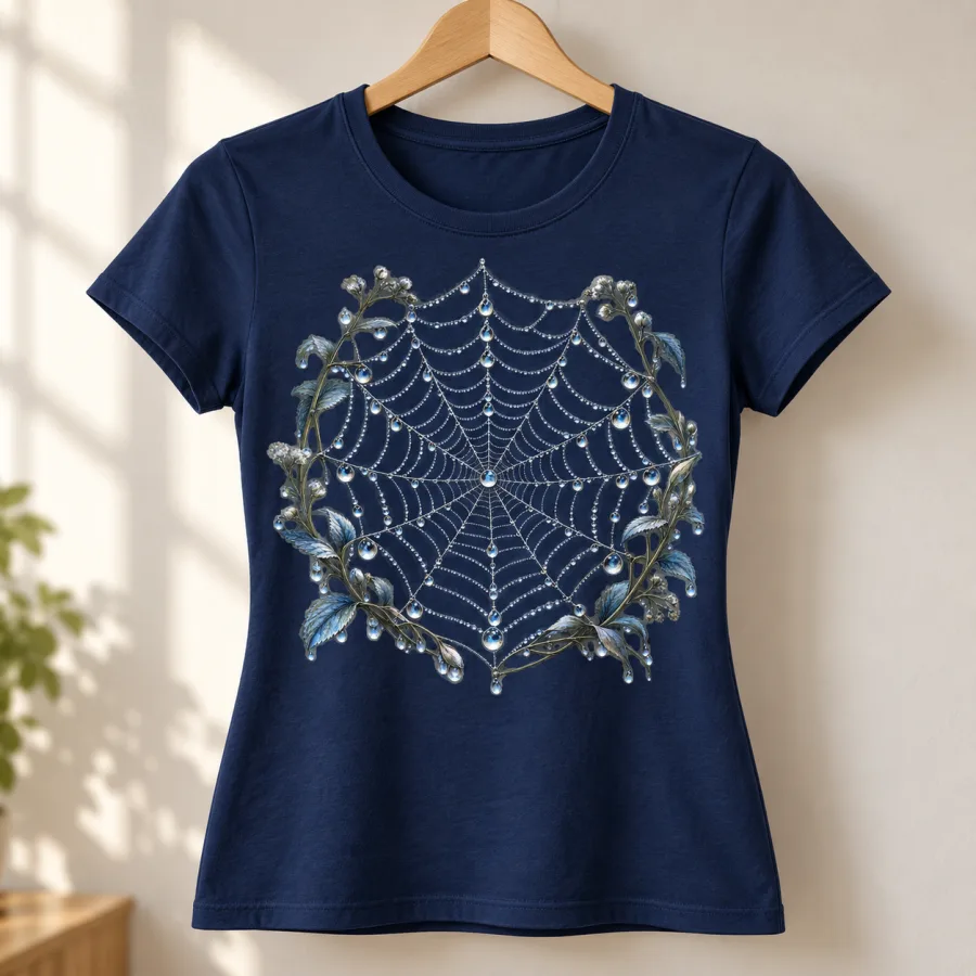Navy Women's fitted Silver Dew Web spider web graphic shirt on wooden hanger