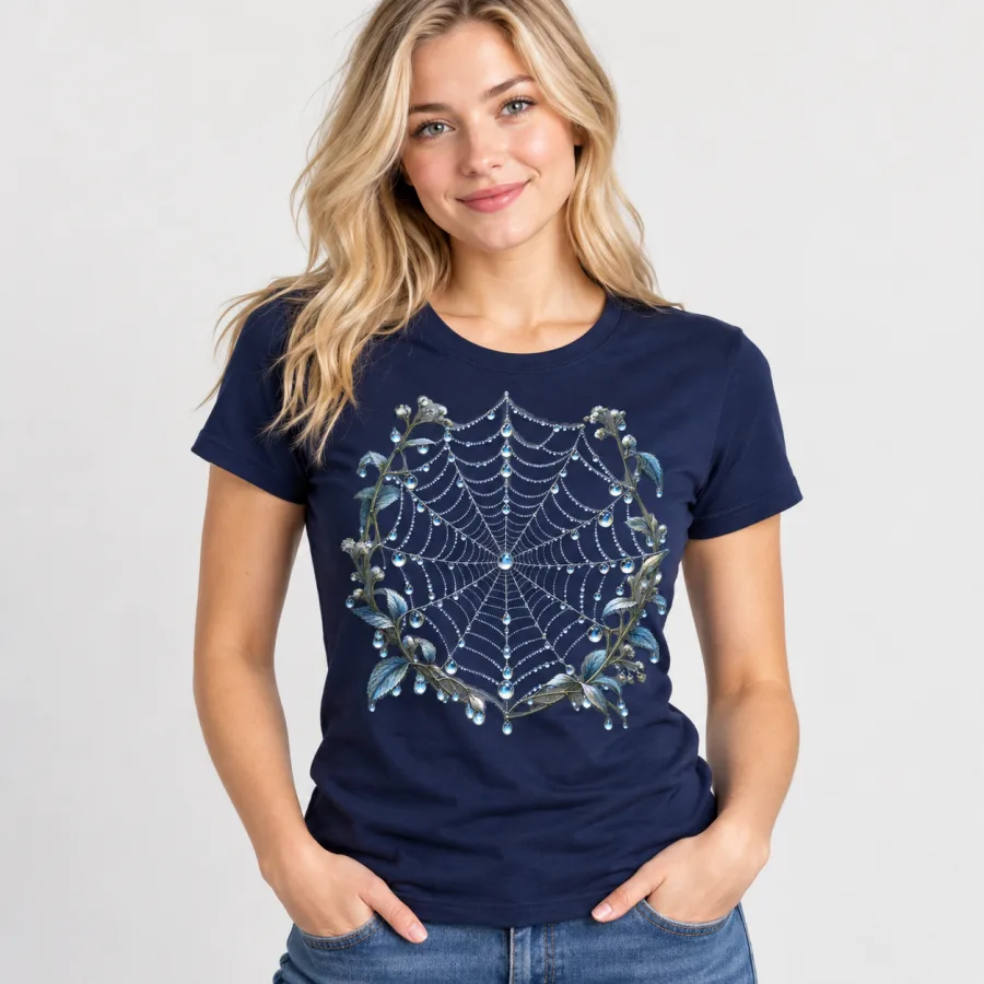 Woman wearing Navy Silver Dew Web spider web graphic shirt in a front view