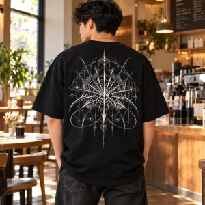 Back view of Black Oversized tee showing large Silver Web System chrome-look geometric web print