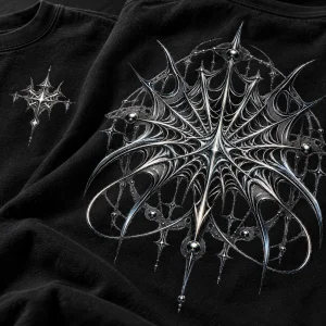 Close-up of Silver Web System metallic-gray web print showing black cotton texture and chrome-look detail