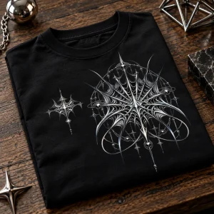 Folded Black Oversized Silver Web System tee on wooden table with silver geometric props