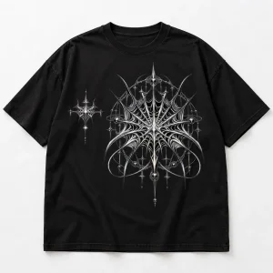 Front flat lay of Black Oversized tee with Silver Web System silver chest mark