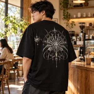 Lifestyle photo of Asian American man wearing Silver Web System futuristic spider web shirt in a cozy coffee shop
