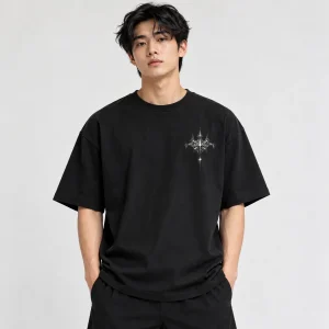 Asian American man wearing Black Oversized Silver Web System futuristic spider web shirt