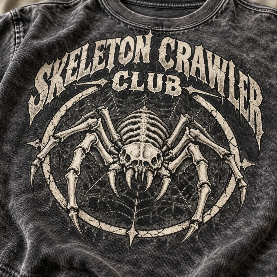 Close-up of cracked bone-white Skeleton Crawler Club spider skeleton print on acid-wash gray cotton fabric