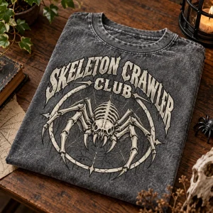 Folded acid-wash gray Skeleton Crawler Club vintage skeleton spider shirt on a wooden table