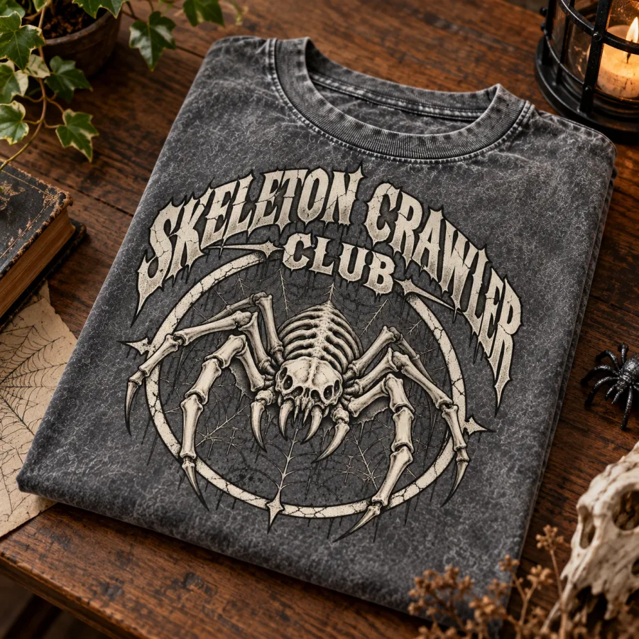 Folded acid-wash gray Skeleton Crawler Club vintage skeleton spider shirt on a wooden table