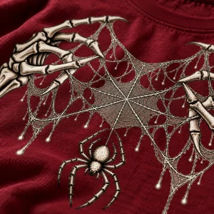 Close-up of Skeleton Hand Web print showing bone-white skeletal hands, delicate web strands and spider on burgundy cotton fabric