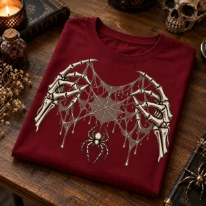 Folded burgundy Skeleton Hand Web tee on a wooden table with the bone-white skeletal hand and spider web print visible