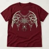 Front flat lay of burgundy Skeleton Hand Web skeleton spider web shirt with bone-white skeletal hands and hanging spider