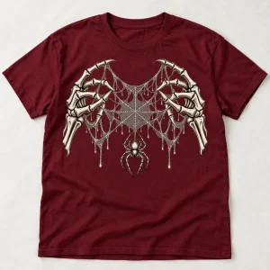Front flat lay of burgundy Skeleton Hand Web skeleton spider web shirt with bone-white skeletal hands and hanging spider
