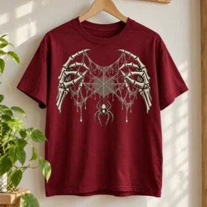 Burgundy Skeleton Hand Web skeleton spider web shirt displayed on a natural wooden hanger against a softly lit wall