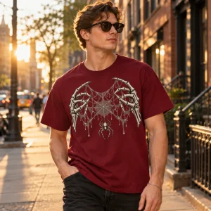 Lifestyle view of burgundy Skeleton Hand Web skeleton spider web shirt worn outdoors with the original chest graphic clearly visible