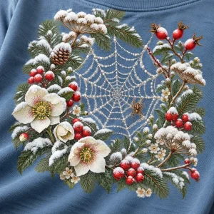 Close-up of Snow Web Garden orb web, tiny spider and snowy botanical print