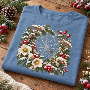 Folded dusty blue Snow Web Garden floral spider shirt with winter botanical print