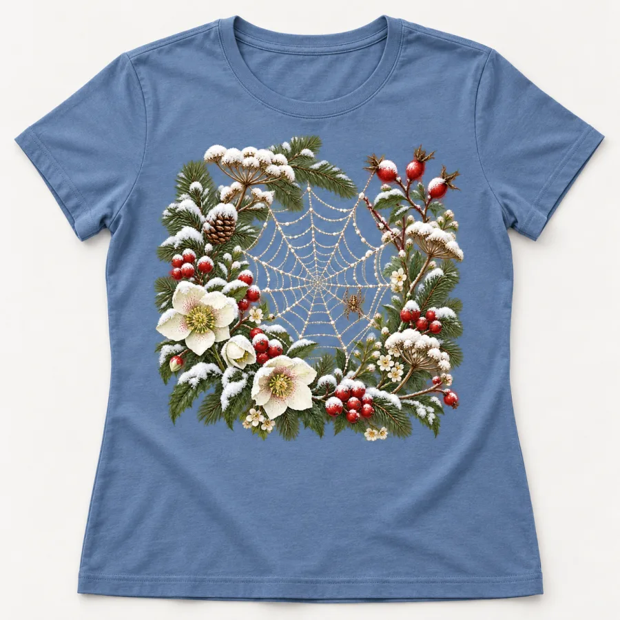 Front flat lay of dusty blue women's Snow Web Garden floral Christmas spider shirt