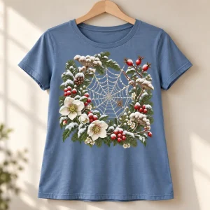Dusty blue Snow Web Garden women's spider shirt displayed on wooden hanger