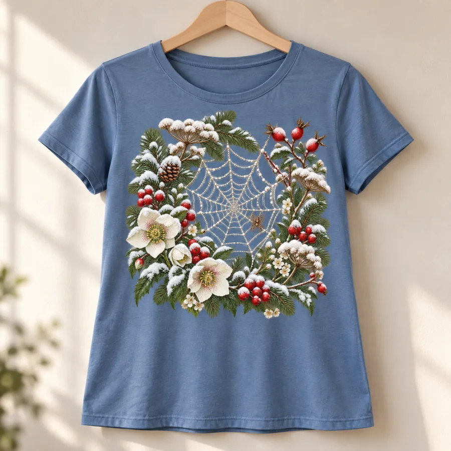 Dusty blue Snow Web Garden women's spider shirt displayed on wooden hanger