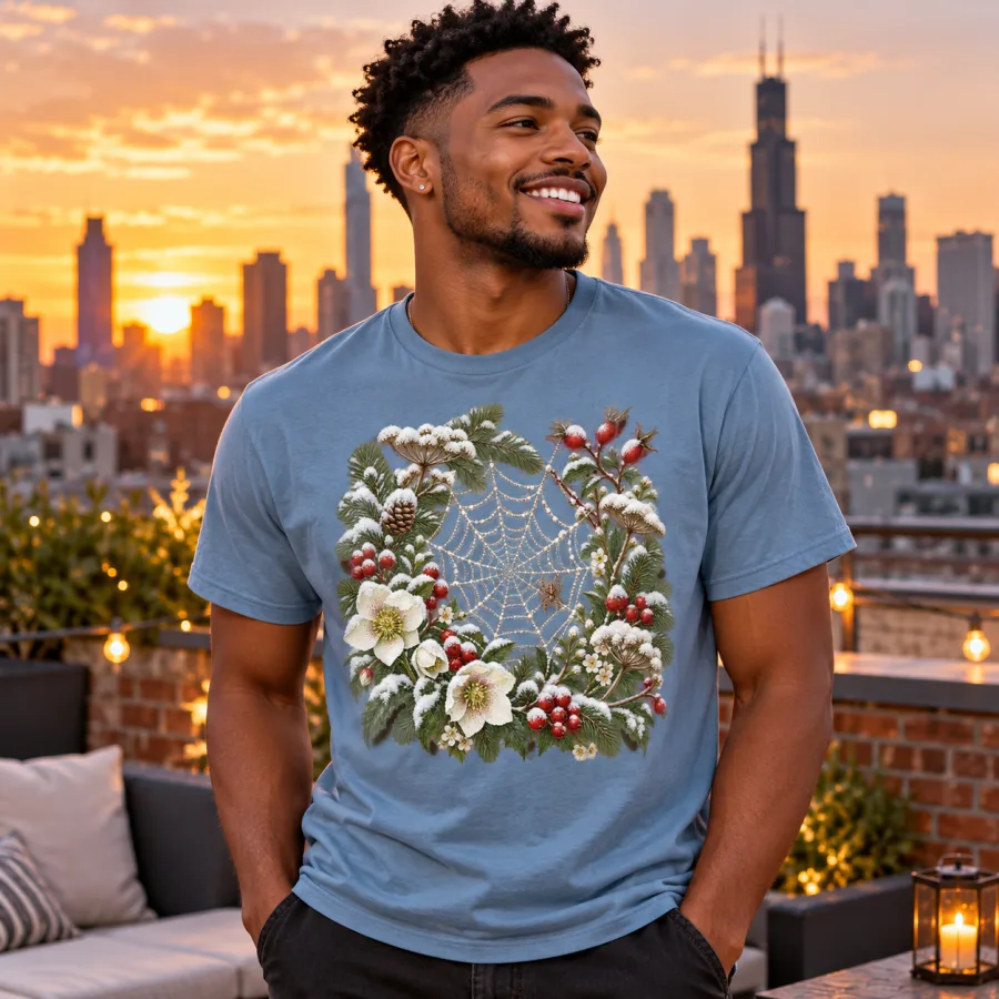 Lifestyle view of dusty blue Snow Web Garden floral Christmas spider shirt