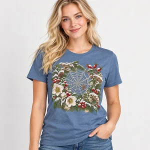 Woman wearing dusty blue Snow Web Garden floral Christmas spider shirt