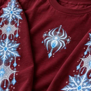 Close-up of white and pale blue web snowflakes on the sleeve