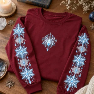 Folded burgundy Christmas spider long sleeve shirt with chest spider