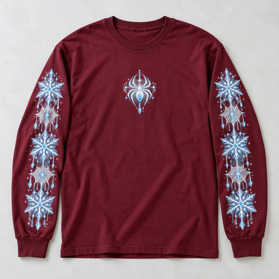 Front flat lay of burgundy Snowflake Web Sleeves Christmas spider long sleeve shirt