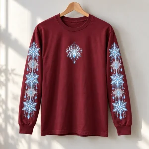 Burgundy Snowflake Web Sleeves shirt on a hanger with sleeves spread