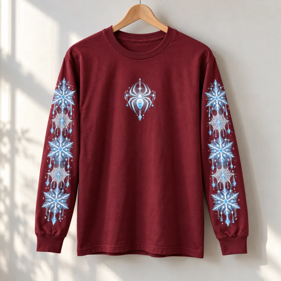 Burgundy Snowflake Web Sleeves shirt on a hanger with sleeves spread