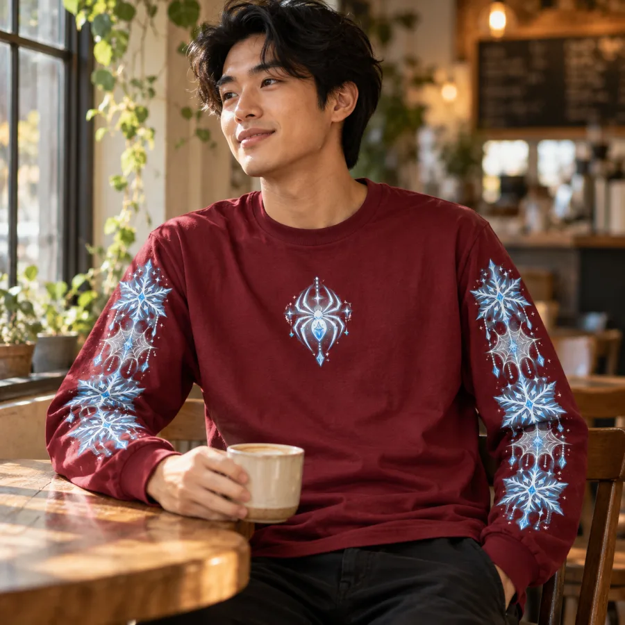 Person in Snowflake Web Sleeves shirt holding cocoa beside a decorated tree