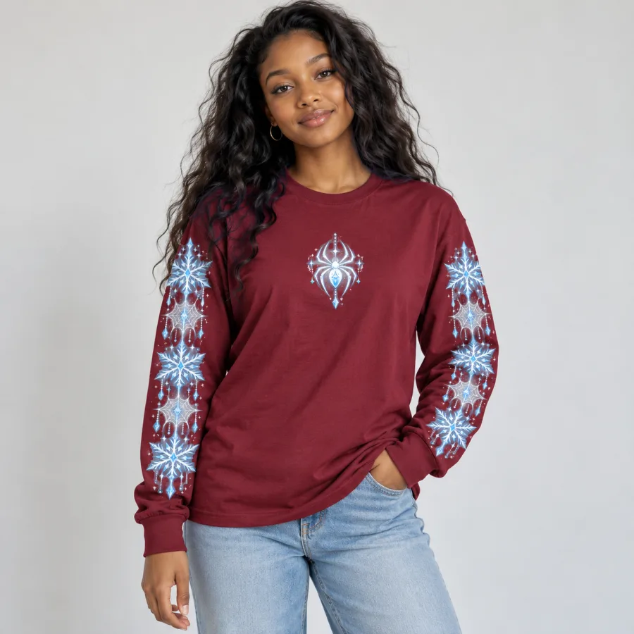 Model wearing burgundy Snowflake Web Sleeves long sleeve tee