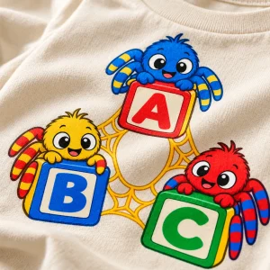Close-up of cartoon spiders and primary-color letter blocks