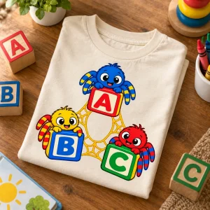 Folded natural Spider ABC shirt showing the A, B and C blocks